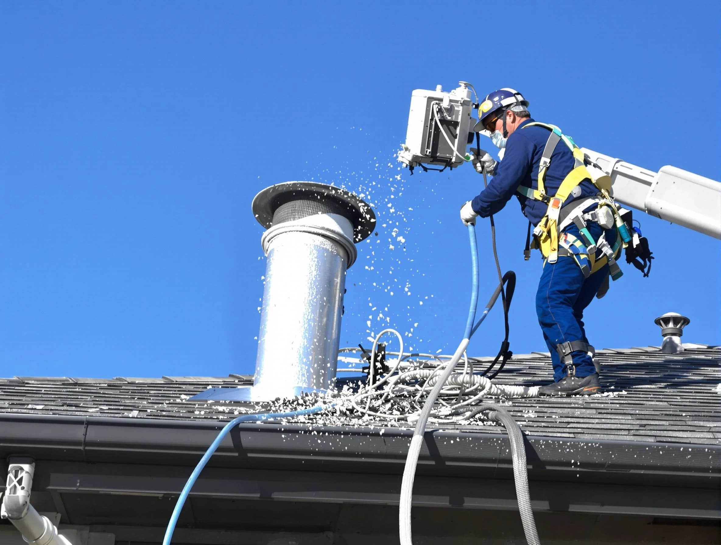 Welby Dryer Vent Cleaning certified technician safely cleaning a roof-mounted dryer vent in Welby